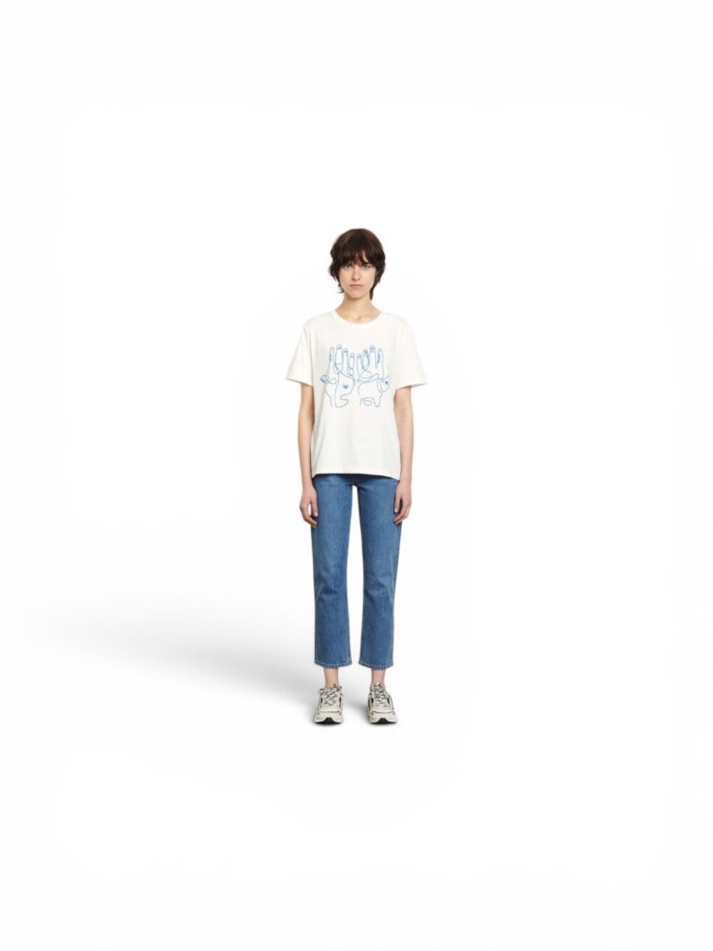 Sandro Paris White Cotton T-Shirt Evil Eye Hamzah Hand Embroidery - Sz 1 (US S) - Picture 5 of 8
